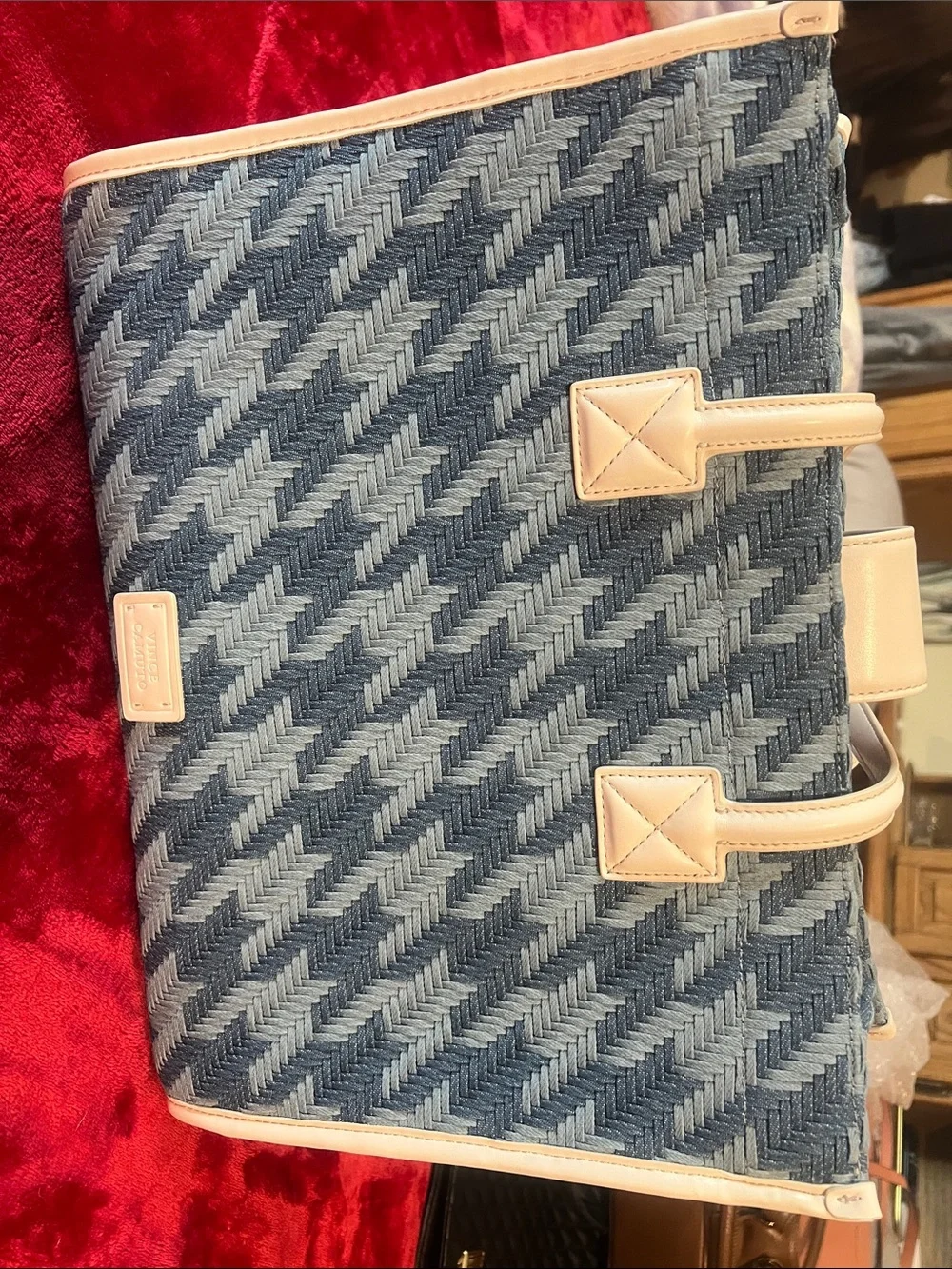 Vince Camuto Navy Woven Leather Clutch with Cream Logo Patch
